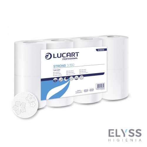 Lucart Strong 3.150 kistekercses toalettpapír – 3 rétegű, hófehér, 150 lap/tekercs, 9,5x11,5 cm lapméret, 8 tekercs/csomag