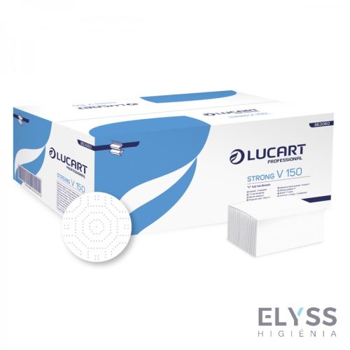 Lucart Strong V 150 V-hajtogatott kéztörlő – 2 rétegű, hófehér cellulóz, 25x23 cm lapméret, 150 lap/csomag, 20 csomag/karton