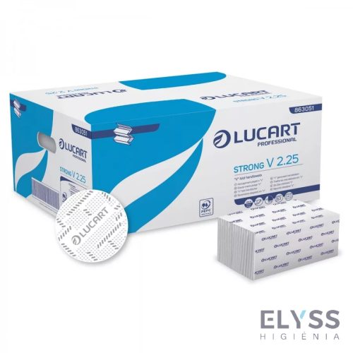 Lucart Strong V 2.25 V-hajtogatott kéztörlő – 2 rétegű, hófehér cellulóz, 25,3x21 cm lapméret, 190 lap/csomag, 20 csomag/karton